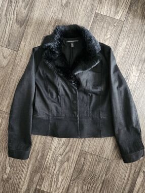 Ellen Tracy Y2K Rabbit Fur Trim Black Jacket Size Large Petite